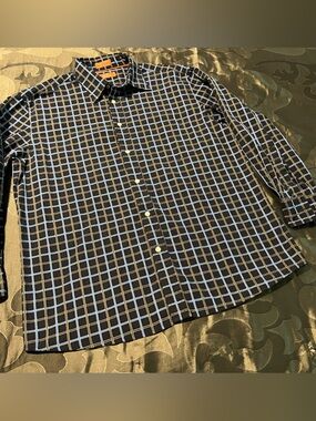 Faconnable Navy Blue Button-up Long Sleeve Dress Shirt Windowpane Check Large